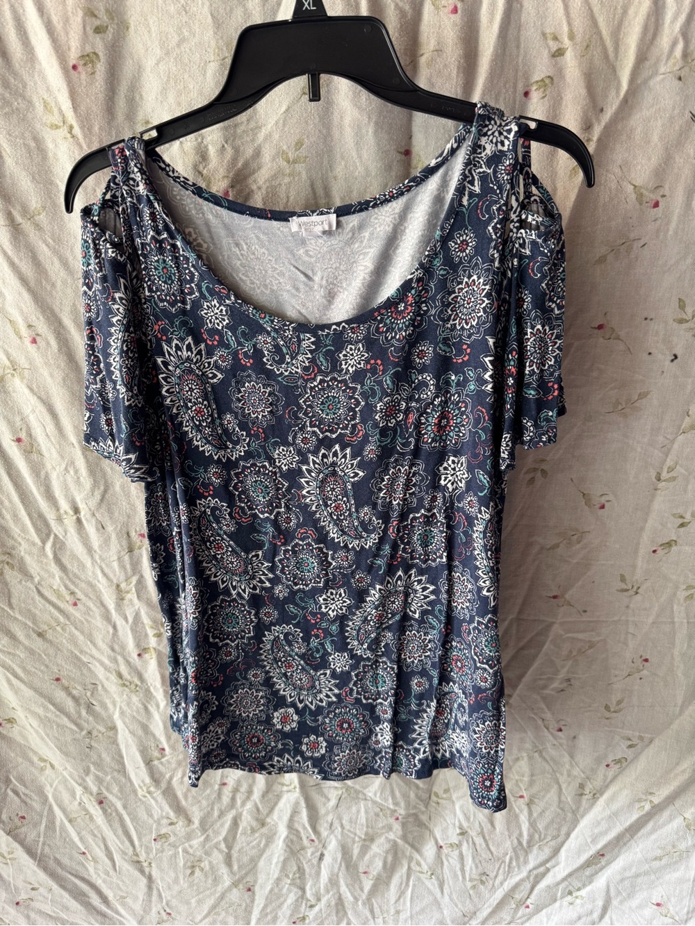Westport Navy Paisley Cold-Shoulder Short Sleeve Top